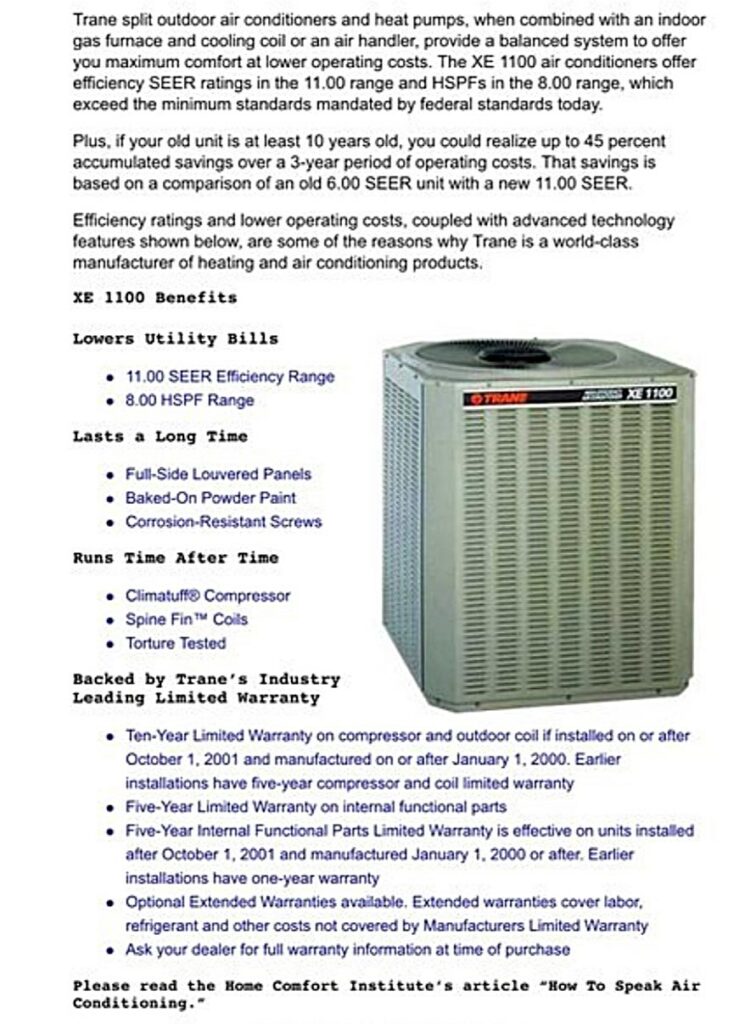 Trane xe1100 manual user guide