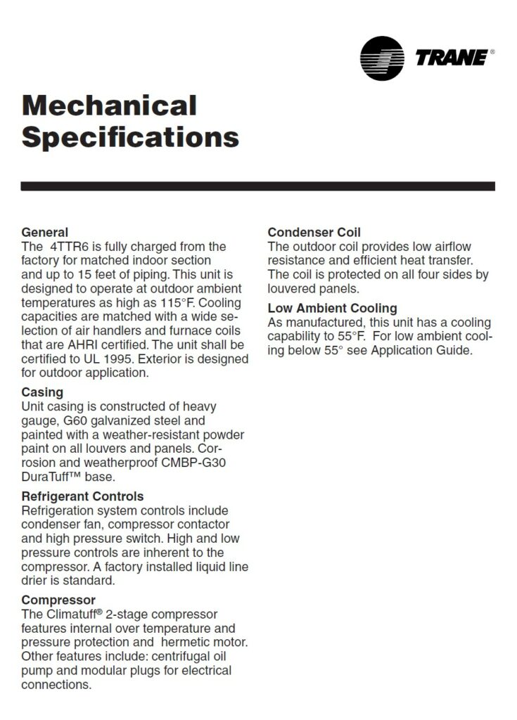 Trane XR16 Manual Mechanical Specifications