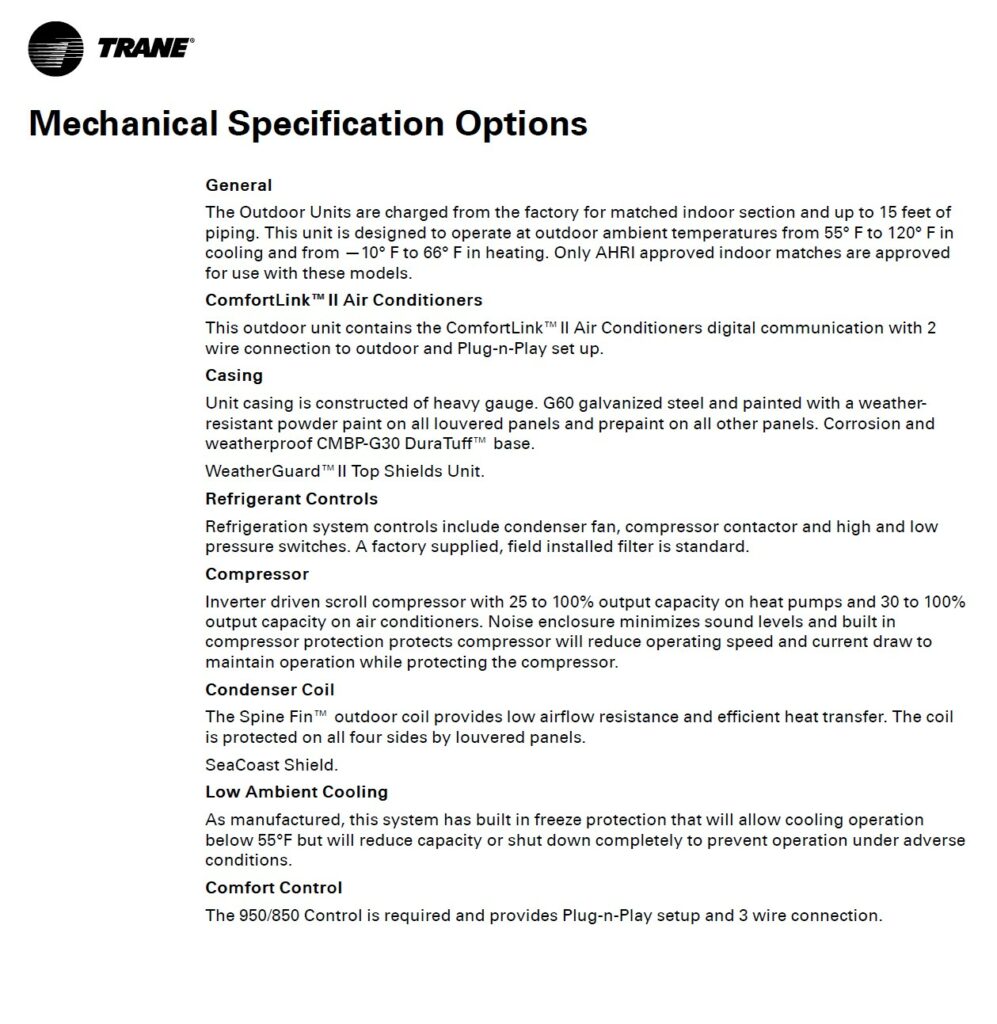 Trane XV20i Manual Mechanical Specificatios