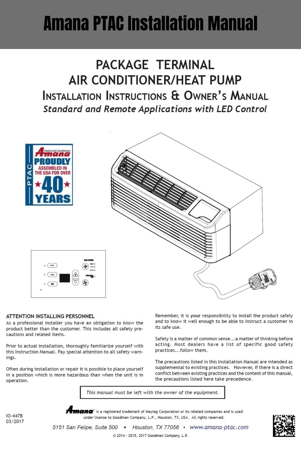 Amana PTAC Manual For Basic Troubleshooting