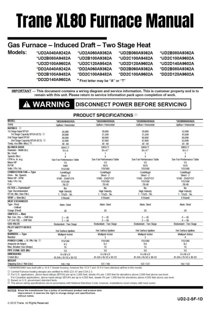 Trane XL80 Furnace Manual