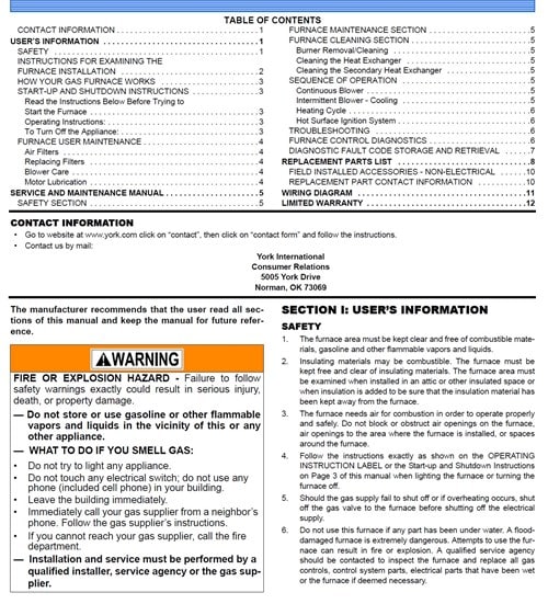 york furnace user's information manuals