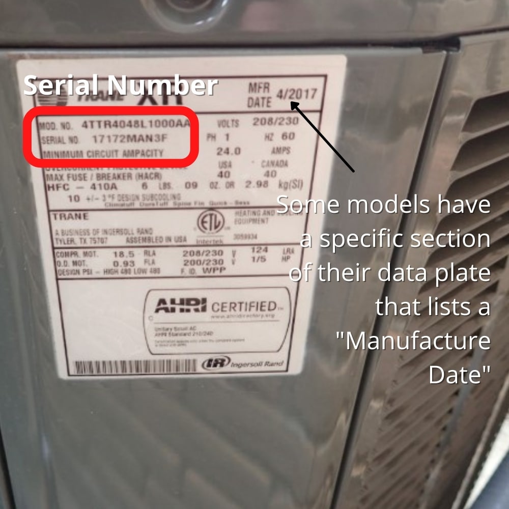 trane serial number in data tag or sticker plate
