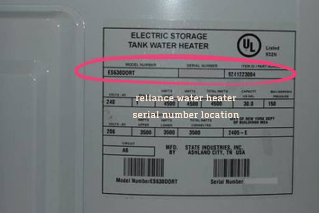 reliance water heater serial number location