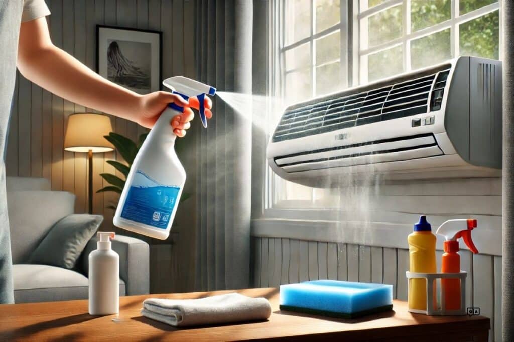 Use a spray bottle with a cleaning solution to clean the window air conditioning unit effectively